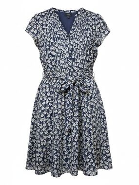 MSK | NWT Plus Size Navy Blue‎ Ditsy Floral V-Neck Tie-Waist A-Line Dress | 16
